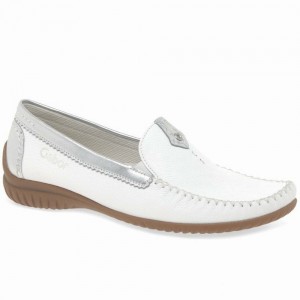 White / Silver Gabor California Sporty Moccasins Women Flat Shoes | AIZG-81792