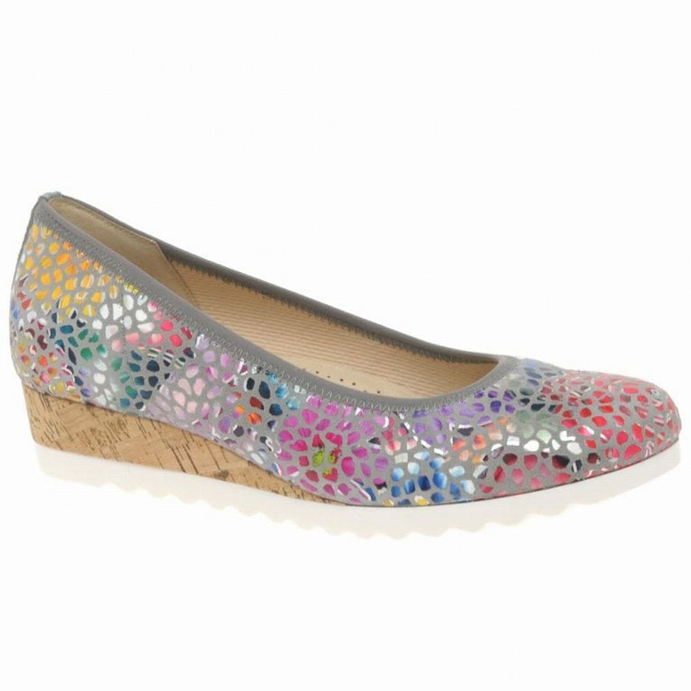 Grey Flower Gabor Epworth Low Wedge Heeled Women Wedge Shoes | MOZU-61729