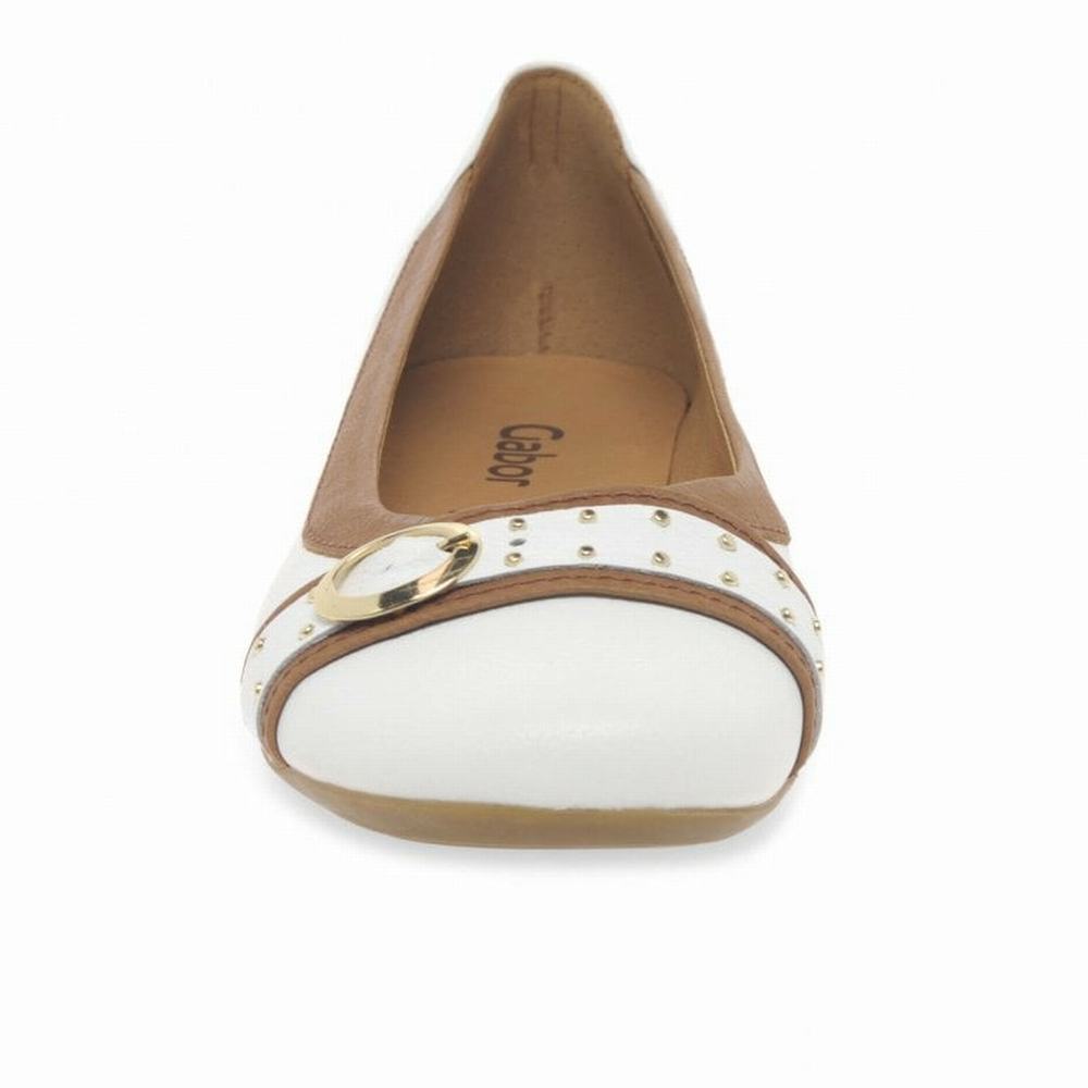 White / Brown Gabor Michelle Casual Stud Buckle Pumps Women Flat Shoes | KHGO-65821