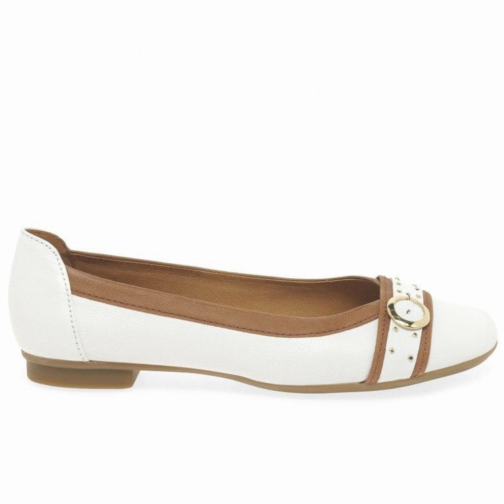 White / Brown Gabor Michelle Casual Stud Buckle Pumps Women Flat Shoes | KHGO-65821