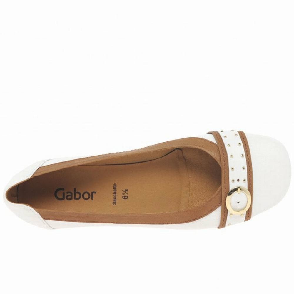 White / Brown Gabor Michelle Casual Stud Buckle Pumps Women Flat Shoes | KHGO-65821