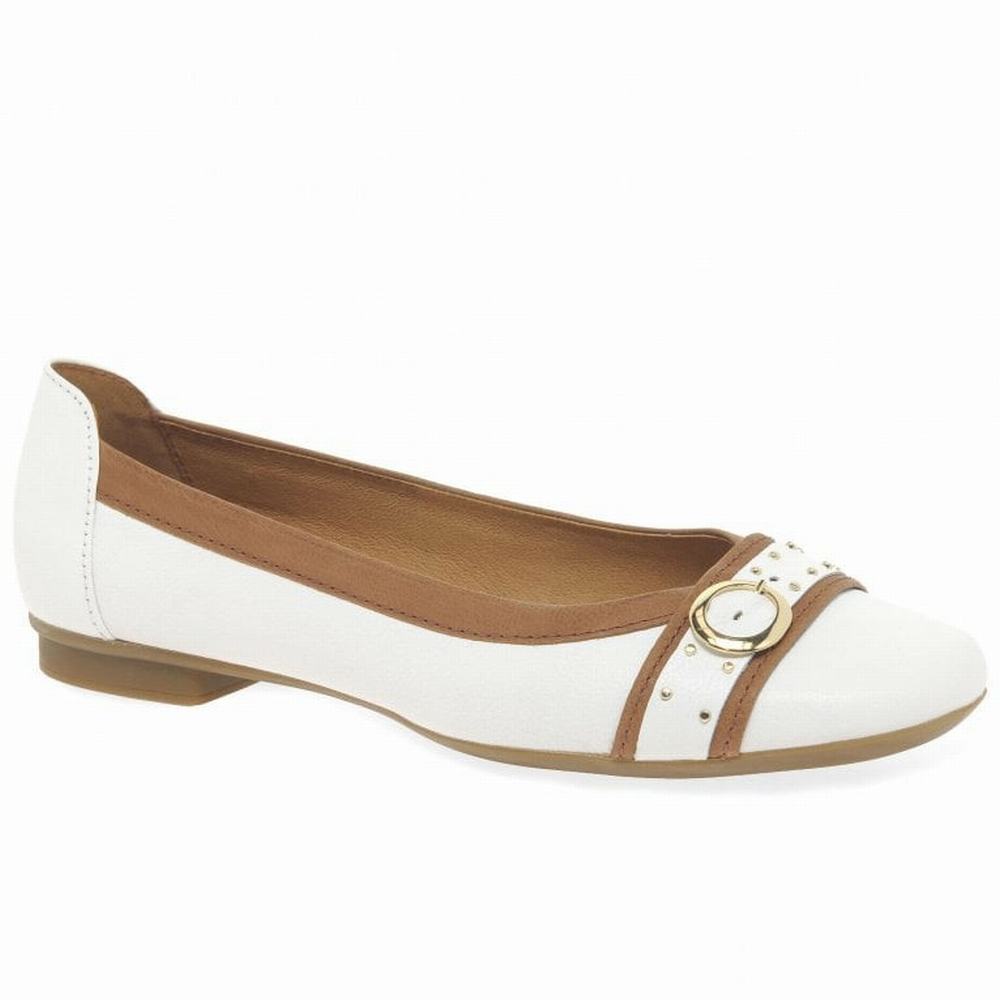 White / Brown Gabor Michelle Casual Stud Buckle Pumps Women Flat Shoes | KHGO-65821